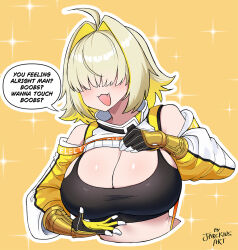  ahoge bare_shoulders black_sports_bra blonde_hair blush boobs?_wanna_touch_boobs?_(meme) breasts clothing_cutout crop_top crop_top_overhang cropped_sweater elegg_(nikke) english_commentary gloves goddess_of_victory:_nikke hair_intakes hair_over_eyes highres jarckius large_breasts long_bangs medium_hair meme multicolored_gloves open_mouth outline presenting_breasts sharp_teeth shiny_clothes shiny_skin shorts shoulder_cutout signature simple_background sparkle sports_bra suspender_shorts suspenders teeth upper_body white_outline yellow_background 
