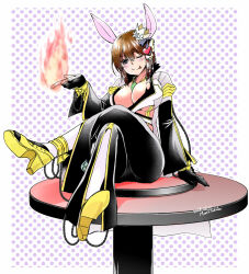  :p animal_ears black_gloves black_pants blush breasts brown_hair cleavage closed_mouth coat commentary_request crop_top crown female fire front_slit full_body gloves grey_coat hair_ornament heart heart_hair_ornament high_heels highres large_breasts looking_at_viewer one_eye_closed open_clothes open_coat pants polka_dot polka_dot_background purple_eyes pyrokinesis rabbit_ears ragnarok_online shirt shoe_soles shoes short_hair sitting smile solo table takaha_momo tongue tongue_out warlock_(ragnarok_online) white_shirt yellow_shoes 