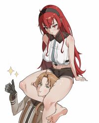  1boy absurdres barefoot between_legs blush brown_hair commentary eris_greyrat feet female femdom foot_out_of_frame green_eyes head_between_thighs highres kaoru_puripuri legs long_hair mixed-language_commentary mushoku_tensei red_eyes red_hair rudeus_greyrat scissorhold soles straight thumbs_up toes triangle_choke 