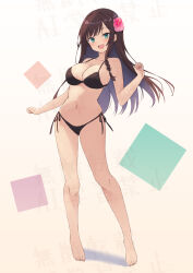  :d absurdres alina_clover bare_shoulders barefoot bikini black_bikini blush braid breasts brown_hair cleavage contrapposto female flower full_body green_eyes guild_no_uketsukejou_desu_ga_zangyou_wa_iya_nanode_boss_wo_solo_toubatsu_shiyou_to_omoimasu hair_flower hair_ornament hibiscus highres large_breasts long_hair looking_at_viewer navel open_mouth pink_flower ririka_(ab-yuri) side-tie_bikini_bottom smile solo standing stomach swimsuit 