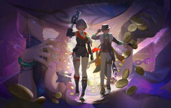  1boy 2girls aqua_shirt aventurine_(honkai:_star_rail) belt black_belt black_bra black_gloves black_hat blue_eyes bra bra_peek bracelet breasts cleavage coin colored_inner_hair commentary dress fing full_body gloves gold_coin grey_hair hat hat_over_one_eye highres honkai:_star_rail honkai_(series) jade_(honkai:_star_rail) jewelry large_breasts large_hat multicolored_hair multiple_girls pants purple_eyes purple_nails qosic red_hair roulette_table shirt short_hair streaked_hair table thigh_strap topaz_(honkai:_star_rail) two-tone_dress underwear walking white_pants 