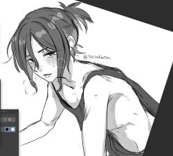  1boy art_program_in_frame artist_name blush breath commentary_request gundam gundam_gquuuuuux highres looking_at_viewer male_focus ponytail short_hair shuji_ito simple_background sleeveless smile solo sweat tank_top tsu_bakimrro twitter_username upper_body white_background 