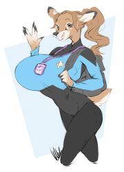  anthro backpack bodysuit brown_body brown_fur brown_hair buckteeth clothing curved_horn deer dullvivid fiona_fawnbags_(dullvivid) fur hair hi_res horn mammal new_world_deer open_mouth open_smile ponytail signature simple_background skinsuit smile star_trek tan_body tan_fur teeth tight_clothing white-tailed_deer white_background wide_eyed 