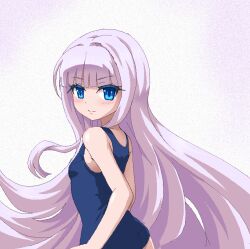  blue_eyes blue_one-piece_swimsuit breasts commentary_request female from_behind hair_intakes hayashiya_zankurou jaggy_lines kenja_no_deshi_wo_nanoru_kenja long_hair looking_back mira_(kendeshi) oekaki one-piece_swimsuit purple_hair small_breasts smile solo swimsuit very_long_hair 
