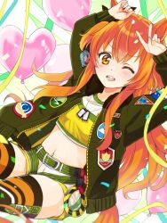  animal_ears arms_up balloon belt blush bomber_jacket breasts commentary_request confetti dog_tags female hair_between_eyes hair_ornament happy_birthday heart_balloon highres horse_ears horse_girl horse_tail im74516829 jacket looking_at_viewer mayano_top_gun_(umamusume) midriff navel one_eye_closed open_mouth orange_eyes orange_hair shorts small_breasts smile solo stomach tail teeth textless_version umamusume upper_teeth_only 