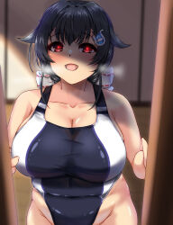  absurdres bare_arms black_hair black_one-piece_swimsuit blurry blurry_background breasts cleavage collarbone commentary_request covered_navel glowing glowing_eyes hair_between_eyes hair_ornament hair_ribbon highres jingei_(kancolle) kantai_collection large_breasts long_hair one-piece_swimsuit open_mouth plump red_eyes ribbon shigatsu_(soratobuusagi) smile standing swimsuit taut_clothes taut_swimsuit two-tone_one-piece_swimsuit white_one-piece_swimsuit 