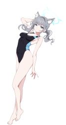  absurdres animal_ear_fluff animal_ears arm_behind_head arm_up bare_arms bare_legs barefoot black_one-piece_swimsuit blue_archive blue_halo breasts commentary competition_swimsuit covered_navel cross cross_hair_ornament extra_ears feet female grey_hair hair_intakes hair_ornament halo highleg highleg_one-piece_swimsuit highres inverted_cross koflif legs looking_at_viewer medium_breasts mismatched_pupils multicolored_swimsuit official_alternate_costume one-piece_swimsuit shiroko_(blue_archive) shiroko_(swimsuit)_(blue_archive) short_hair simple_background solo standing standing_on_one_leg swimsuit tiptoes toenails toes white_background wolf_ears wolf_girl 