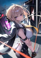  absurdres arm_strap ass black_gloves black_jacket black_pants black_ribbon blonde_hair breasts closed_mouth commentary cowboy_shot evelyn_chevalier female gloves hair_ribbon highres holding holding_knife holding_own_arm jacket jacket_on_shoulders knife large_breasts looking_at_viewer myumyu431 necktie night outdoors pants purple_eyes rain ribbon short_hair sidelocks single_glove solo yellow_necktie zenless_zone_zero 