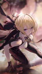  :o absurdres black_gloves black_jacket black_pants black_socks blonde_hair blurry blurry_background breasts earrings evelyn_chevalier explosion female gloves highres jacket jewelry kneeling large_breasts necktie pants purple_eyes shirt short_hair socks solo white_shirt wuzhihuijia yellow_necktie zenless_zone_zero 