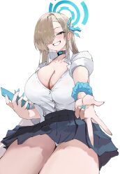  absurdres asuna_(blue_archive) asuna_(school_uniform)_(blue_archive) asymmetrical_bangs black_choker blue_archive blue_halo blue_nails blue_scrunchie breasts brown_hair button_gap choker cleavage female grin gyaru_v hair_over_one_eye halo highres holding holding_phone huge_breasts kasumi_saika long_hair looking_at_viewer official_alternate_costume panties pantyshot phone school_uniform scrunchie shirt shirt_tucked_in smile solo underwear v variant_set white_background white_panties white_shirt wrist_scrunchie 