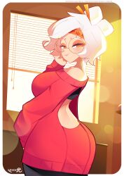  absurdres backless_dress backless_outfit blush breasts dress eyeshadow female glasses hair_bun hair_ornament hair_stick highres large_breasts looking_at_viewer makeup purah red-framed_eyewear red_dress red_eyes red_eyeshadow round_eyewear sheikah short_hair solo the_legend_of_zelda the_legend_of_zelda:_tears_of_the_kingdom white_hair zahir_zb7 