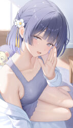  absurdres asmr bare_shoulders barefoot bed_sheet blue_eyes blue_hair blush breasts collarbone commentary_request female flower gakuen_idolmaster grey_shorts grey_tank_top hair_flower hair_ornament hataya_misuzu hibimaru highres idolmaster indoors jacket large_breasts long_sleeves looking_at_viewer mole mole_under_mouth off_shoulder on_bed open_clothes open_jacket open_mouth short_hair short_shorts shorts smile solo tank_top thighs toes whispering white_flower white_jacket 