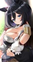 absurdres animal_ears black_hair blue_eyes blurry blurry_background blush bob_cut breasts choker cleavage ear_scrunchie eishin_flash_(umamusume) female hair_between_eyes highres horse_ears horse_girl large_breasts long_sleeves looking_at_viewer maou_(maoudaisukiya) outdoors red_choker scrunchie short_hair simple_background smile solo swept_bangs umamusume upper_body white_scrunchie 