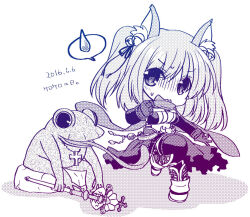  animal_ear_fluff animal_ears armored_boots bell boots breasts cape chibi chibi_only cleavage commentary_request crop_top crosier dated female fox_ears fox_girl frog full_body greyscale guillotine_cross_(ragnarok_online) jingle_bell large_breasts monochrome official_alternate_costume open_mouth ragnarok_online simple_background smile solo spoken_sweatdrop sweatdrop takaha_momo thighhighs torn_cape torn_clothes two_side_up v-shaped_eyebrows waist_cape 