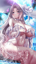  absurdly_long_hair absurdres azur_lane bare_shoulders beach bikini blue_eyes blush breasts choker cleavage cross cross_choker female hat highres huge_breasts long_hair looking_at_viewer official_alternate_costume parted_bangs parted_lips slingshot_swimsuit string_bikini sun_hat swimsuit variant_set very_long_hair water_drop white_bikini white_choker white_hair yorktown_(azur_lane) yorktown_ii_(azur_lane) yorktown_ii_(bright-sky_mermaid)_(azur_lane) yuuzuki_hijiri 