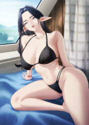  bikini black_bikini blue_eyes blueorca breasts bright_pupils cleavage collarbone commentary elf english_commentary female highres large_breasts long_hair looking_at_viewer mole mole_under_mouth navel on_bed original parted_bangs parted_lips pointy_ears sitting skindentation smile solo stomach swimsuit teeth thick_thighs thighs upper_teeth_only white_pupils window wrist_straps 