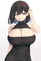  absurdres black_hair black_sweater breasts cleavage cleavage_cutout clothing_cutout commentary_request covered_navel female grey_eyes hand_in_own_hair hayakawa_mayumi highres large_breasts medium_hair original shiki_(psychedelic_g2) smile solo standing sweater upper_body white_background 