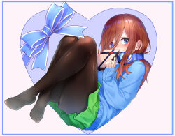  absurdres black_pantyhose blue_border blue_bow blue_cardigan blue_eyes blue_headphones blush border bow box box_of_chocolates brown_hair cardigan commentary_request female full_body go-toubun_no_hanayome green_skirt grey_background hair_between_eyes headphones headphones_around_neck heart highres holding holding_box long_hair looking_at_viewer m.tokotsu nakano_miku no_shoes pantyhose pleated_skirt school_uniform sidelocks skirt sleeves_past_wrists solo valentine 