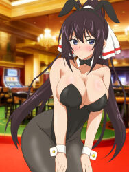  animal_ear_hairband animal_ears black_bow black_bowtie black_hair black_leotard blue_eyes bow bowtie breasts casino chandelier cleavage cowboy_shot detached_collar fake_animal_ears female hairband hands_on_own_thighs hata_(pixiv10403940) highres infinite_stratos large_breasts leotard long_hair pantyhose photo_background playboy_bunny ponytail purple_eyes rabbit_ears shinonono_houki solo split_ponytail strapless strapless_leotard wrist_cuffs 