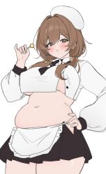  apron belly bready_(nikke) breasts brown_eyes brown_hair brown_neckerchief female food goddess_of_victory:_nikke highres large_breasts looking_at_viewer low_twintails neckerchief no_bra open_mouth plump popped_button popsicle salty_gana simple_background skirt thick_thighs thighs twintails waist_apron white_apron white_background zipper_skirt 