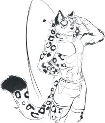  abs anthro biceps bottomwear clothing dev_(i_think_i_like_you) eyewear felid fur fur_markings hair hi_res i_think_i_like_you male mammal markings muscular muscular_male pantherine pecs pose shirtless_male shorts smile snow_leopard solo spots spotted_body spotted_fur standing sunglasses surfboard tail yummi_yam_i 