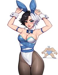  1boy animal_ears ben_grimm black_hair black_pantyhose blue_eyes blushyspicy breasts detached_collar fake_animal_ears fantastic_four female heterochromia highres leotard looking_at_viewer luna_snow marvel marvel_rivals multicolored_hair pantyhose playboy_bunny rabbit_ears short_hair smile split-color_hair strapless strapless_leotard two-tone_hair white_hair wrist_cuffs 