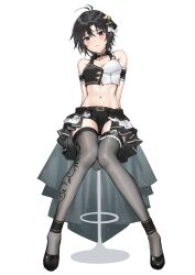  absurdres aburi-gatana antenna_hair arm_garter arms_behind_back bare_shoulders belt black_belt black_collar black_eyes black_hair black_shoes black_shorts blush closed_mouth collar collarbone commentary crop_top female frown full_body highres idolmaster idolmaster_(classic) kikuchi_makoto leaning_back looking_at_viewer midriff navel overskirt shoes short_hair short_shorts shorts simple_background sitting solo thighhighs white_background 
