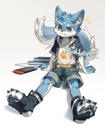  anthro blue_body blue_eyes blue_fur book bottomwear canid canine canis clothing fur fur_markings hair hi_res jacket male mammal markings multicolored_body multicolored_fur nintendo nintendo_switch paws rakkasei shirt shorts simple_background sitting smile solo tail topwear two_tone_body two_tone_fur white_background wolf 