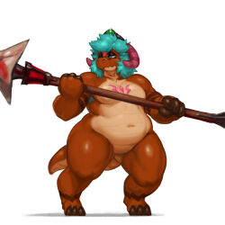  1:1 ambiguous_gender anthro armpit_hair atlyss blue_eyes body_hair claws crown hair headgear hi_res holding_object holding_weapon kubold_(atlyss) kujalla markings melee_weapon moobs multicolored_body multicolored_scales muscular navel orange_body orange_scales polearm pose scales slightly_chubby snout spear spotted_arms spotted_legs tail teal_hair thick_thighs toe_claws two_tone_body two_tone_scales weapon 