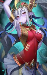  agibe arm_up armlet armpits bare_shoulders blush breasts colored_skin commentary_request covered_navel cowboy_shot demon_wings dress duel_monster earrings facial_mark fake_horns female grey_hair hair_between_eyes helmet highres hoop_earrings horned_helmet horns jewelry lamia large_breasts looking_at_viewer monster_girl parted_lips pelvic_curtain pointy_ears purple_skin red_dress red_eyes red_nails reptilianne_echidna short_hair_with_long_locks sidelocks sleeveless sleeveless_dress slit_pupils solo wings yu-gi-oh! 