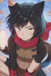  abstract_background animal_ear_fluff animal_ears armor black_fur black_hair body_fur bracer cat_ears cat_girl cat_tail closed_mouth commentary dungeon_meshi emu_(emum) female highres izutsumi leather_armor light_blush looking_at_viewer midriff navel red_scarf scarf short_hair sitting solo tail tail_raised twitter_username yellow_eyes 