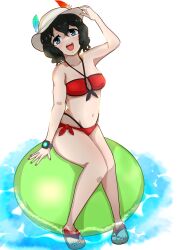  ball bikini black_hair blue_eyes breasts commentary_request exercise_ball front-tie_bikini_top front-tie_top full_body highres kaban_(kemono_friends) kemono_friends layered_bikini medium_breasts multi-strapped_bikini_bottom nail_polish red_bikini red_nails sandals short_hair side-tie_bikini_bottom smile soaking_feet swimsuit toenail_polish toenails wading watch water wavy_hair wristwatch yabunki 
