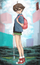  ahoge bad_id bad_pixiv_id bag brown_hair door female fishing_line outdoors ponsuke_(pon00000) shoes short_hair shorts sleeves_rolled_up smile sneakers solo standing umihara_kawase umihara_kawase_(character) 