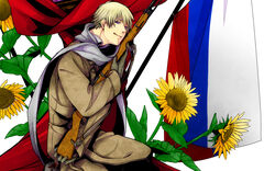  1boy axis_powers_hetalia blonde_hair flag flower gun male_focus military military_uniform photoshop_(medium) purple_eyes rifle russia_(hetalia) russian_flag scarf solo sunflower todoroki_sora uniform weapon 