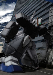  building colony_interior commentary_request gundam gundam_0080 gundam_alex mecha no_humans on_one_knee robographer robot solo 