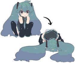  aqua_eyes aqua_hair commentary_request detached_sleeves falling female hatsune_miku headphones headset long_hair panties prostration rocb sitting skirt thighhighs top-down_bottom-up twintails underwear vocaloid 