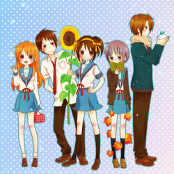  2boys 3girls asahina_mikuru bad_id bad_pixiv_id bento black_pants black_socks blazer blue_sailor_collar blue_skirt blush_stickers book brown_footwear brown_hair brown_pants brown_scarf cardigan cherry_blossoms closed_mouth flower from_side full_body glasses green_jacket hairband holding holding_flower jacket kita_high_school_uniform kneehighs koizumi_itsuki kyon leaf long_sleeves looking_at_viewer moffunnyo multiple_boys multiple_girls nagato_yuki necktie open_mouth orange_hairband pants petals red_necktie red_ribbon ribbon sailor_collar scarf school_uniform serafuku shirt short_sleeves skirt smile snow_rabbit socks standing summer_uniform sunflower suzumiya_haruhi suzumiya_haruhi_no_yuuutsu waving white_shirt white_socks winter_uniform wrong_uniform yellow_flower 