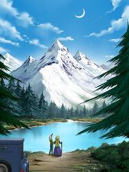  1boy car commentary_request dianna_soreil female gundam keso lake landscape loran_cehack motor_vehicle mountain outdoors scenery tree turn_a_gundam 