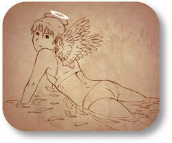  aaru_sentou_shuudan angel bikini brown_theme female haibane_renmei halo midriff monochrome rakka_(haibane) ribs rounded_corners solo static_cling swimsuit water wet wings 