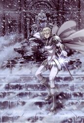  absurdres armor artist_request blonde_hair cape claymore_(series) female grey_eyes highres jean_(claymore) scan snow solo sword weapon 