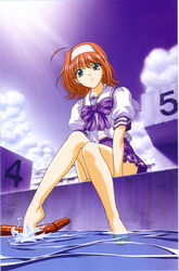  absurdres ahoge barefoot blouse bow bowtie cloud day diving_block feet female from_below fujita_mariko green_eyes hairband hakuryou_high_school_uniform highres kimi_ga_nozomu_eien knees_together_feet_apart lane_line legs light_rays looking_at_viewer midriff outdoors photoshop_(medium) pool poolside puffy_short_sleeves puffy_sleeves purple_bow purple_bowtie purple_skirt red_hair sailor_collar scan school_uniform serafuku shirt short_sleeves sitting skirt sky smile soaking_feet solo splashing starting_block sunbeam sunlight suzumiya_akane toe-point water white_hairband white_sailor_collar white_shirt 