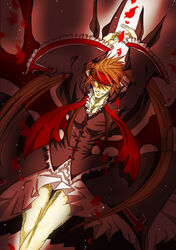  1boy arc_system_works arms_up bad_id bad_pixiv_id blazblue chikukapu company_connection cosplay crossdressing gothic_lolita guilty_gear headband lolita_fashion male_focus petals rachel_alucard rachel_alucard_(cosplay) rose_petals skirt sol_badguy solo wind wind_lift wings 