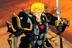  1980s_(style) 1boy armor m.d._geist male_focus polearm retro_artstyle solo weapon 