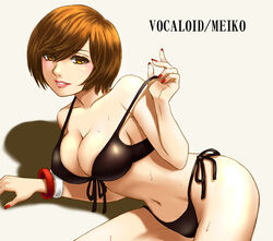  bad_id bad_pixiv_id bikini black_bikini bracelet breasts brown_eyes brown_hair cleavage female front-tie_top hamura_mayu jewelry large_breasts lying meiko_(vocaloid) nail_polish navel on_side photoshop_(medium) red_nails short_hair side-tie_bikini_bottom smile solo swimsuit vocaloid wet 