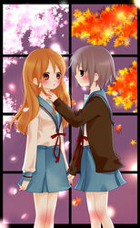  2girls asahina_mikuru bad_id bad_pixiv_id blue_sailor_collar blue_skirt blush brown_eyes brown_hair cardigan cherry_blossoms kita_high_school_uniform leaf long_hair moffunnyo multiple_girls nagato_yuki purple_hair sailor_collar school_uniform serafuku short_hair skirt suzumiya_haruhi_no_yuuutsu window winter_uniform 