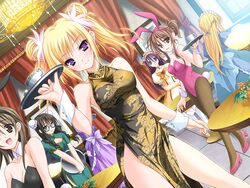  6+girls animal_ears black_hair blonde_hair blush braid breasts brown_eyes brown_hair bun_cover china_dress chinese_clothes cleavage cleavage_cutout clothing_cutout cosplay cup double_bun dress dutch_angle earrings flower game_cg glasses hair_bun high_heels jewelry kisaragi_mifuyu large_breasts leotard maid medium_breasts moekibara_fumitake multiple_girls pantyhose playboy_bunny ponytail purple_eyes purple_hair rabbit_ears rabbit_tail shoes side_slit smile table tail tayutama teacup tray twin_braids twintails waitress wrist_cuffs 