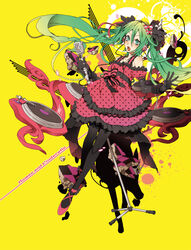  commentary_request crown dress elbow_gloves female flower gloves green_eyes green_hair hair_ribbon hatsune_miku headphones high_heels highres legs long_hair microphone microphone_stand open_mouth pantyhose petals ribbon romeo_to_cinderella_(vocaloid) rose sena_(mineruba) shoes solo twintails vintage_microphone vocaloid 