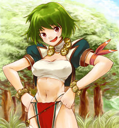  aoba_(smartbeat) bandages bandeau bracelet brown_eyes commentary_request female grass green_hair hands_on_own_hips jewelry loincloth midriff morgan_(tears_to_tiara) navel panties short_hair shoulder_pads smile solo strapless tears_to_tiara thong tree tube_top underwear wristband 