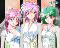  1990s_(style) 3girls asou_kasumi blue_eyes breasts bride brown_eyes cleavage dress earrings green_eyes green_hair hairband jewelry kokura_masashi large_breasts long_hair medium_breasts multiple_girls official_art official_wallpaper pink_hair purple_hair retro_artstyle scan shirayuki_maho short_hair smile tokimeki_memorial tokimeki_memorial_2 wedding_dress yae_kaori 