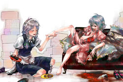  2girls ascot bad_id bad_pixiv_id barefoot blood blood_on_clothes blood_on_face bow braid closed_eyes cup feet grey_hair honey92 izayoi_sakuya maid maid_headdress multiple_girls photoshop_(medium) remilia_scarlet shoes short_hair teacup touhou twin_braids unworn_shoes vampire wings 